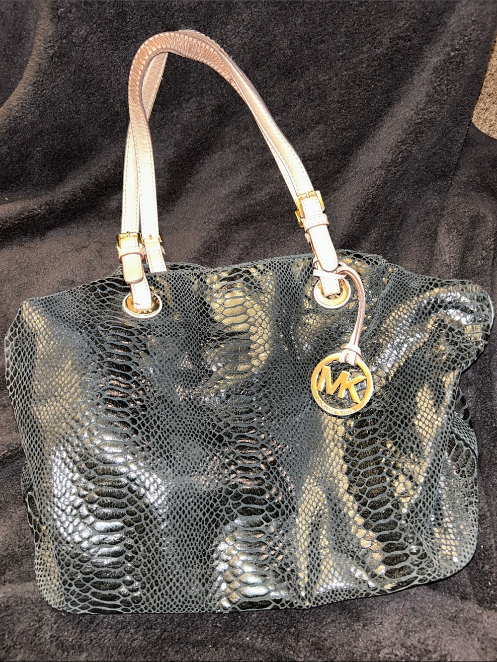 Michael Kors Black Snake-Embossed Tote with Gold MK Charm and Pale Tan Handles
